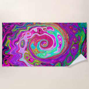 Groovy Abstract Retro Magenta Rainbow Swirl Beach Towel