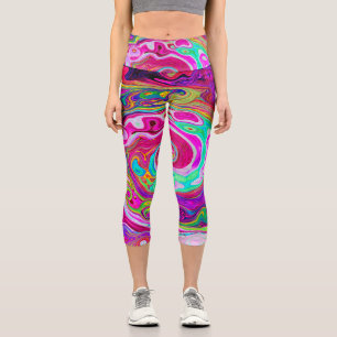 Groovy Abstract Retro Magenta Rainbow Swirl Capri Leggings