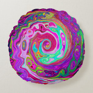 Groovy Abstract Retro Magenta Rainbow Swirl Round Cushion