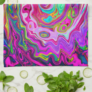 Groovy Abstract Retro Magenta Rainbow Swirl Tea Towel