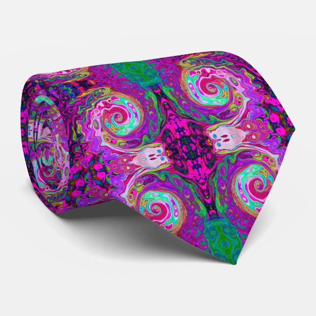 Groovy Abstract Retro Magenta Rainbow Swirl Tie (Rolled)