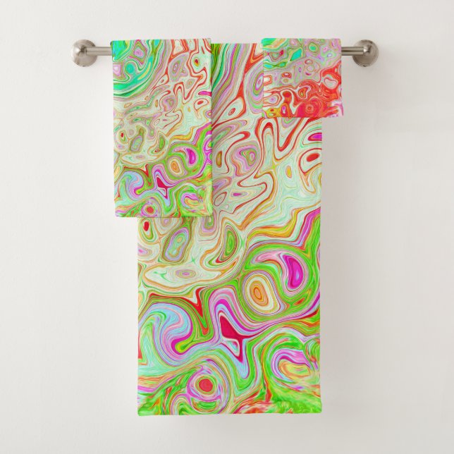 Groovy Abstract Retro Pastel Green Liquid Swirl Bath Towel Set (Insitu)