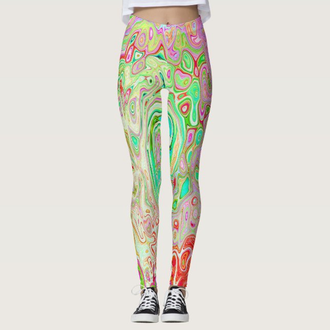 Groovy Abstract Retro Pastel Green Liquid Swirl Leggings (Front)