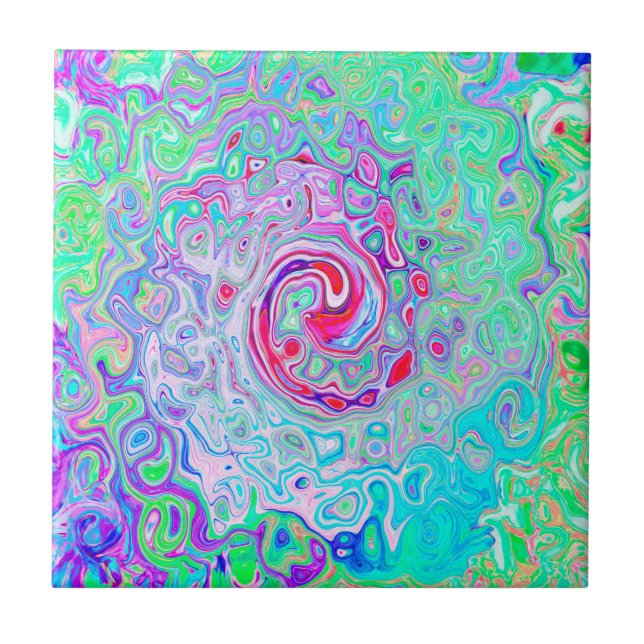 Groovy Abstract Retro Pink and Green Swirl Tile (Front)