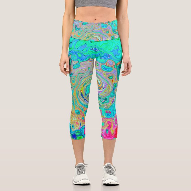 Groovy Abstract Retro Rainbow Liquid Swirl Capri Leggings (Front)