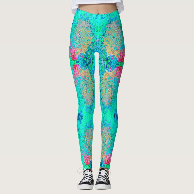 Groovy Abstract Retro Rainbow Liquid Swirl Leggings (Front)