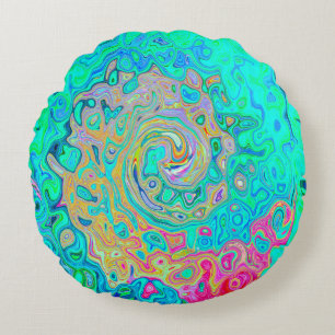 Groovy Abstract Retro Rainbow Liquid Swirl Round Cushion
