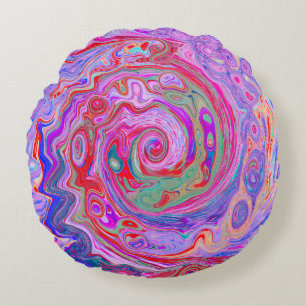 Groovy Abstract Retro Red, Purple and Pink Swirl Round Cushion