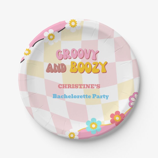 Groovy and Boozy Bachelorette Party Decor 70'S  Paper Plate (Front)