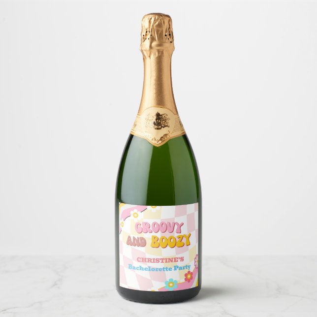 Groovy And Boozy  Bachelorette Party Decor 70'S  Sparkling Wine Label (Front)