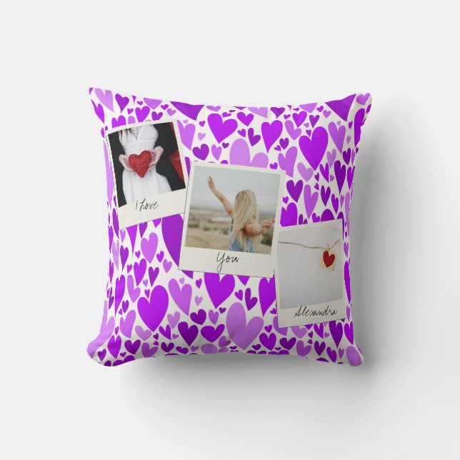 Groovy and Romantic Purple Hearts Valentine Photo  Cushion (Front)