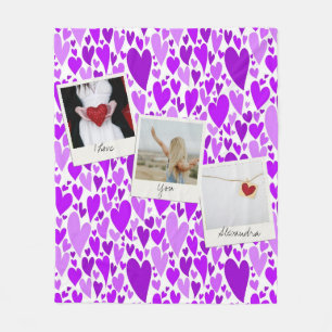 Groovy and Romantic Purple Hearts Valentine Photo Fleece Blanket