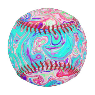 Groovy Aqua Blue and Pink Abstract Retro Swirl Baseball
