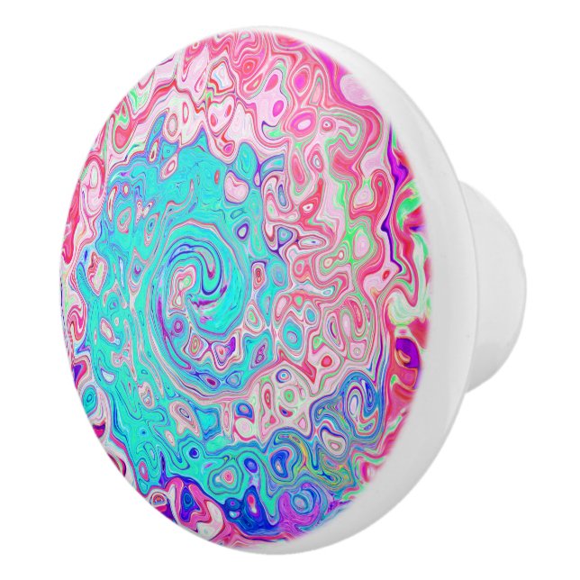 Groovy Aqua Blue and Pink Abstract Retro Swirl Ceramic Knob (Right)