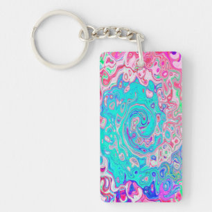 Groovy Aqua Blue and Pink Abstract Retro Swirl Key Ring
