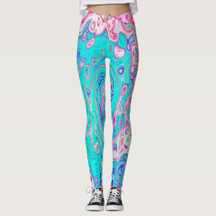 Groovy Aqua Blue and Pink Abstract Retro Swirl Leggings