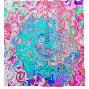 Groovy Aqua Blue and Pink Abstract Retro Swirl Shower Curtain