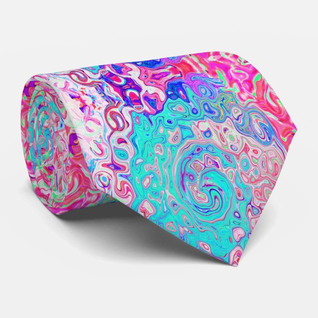 Groovy Aqua Blue and Pink Abstract Retro Swirl Tie (Rolled)