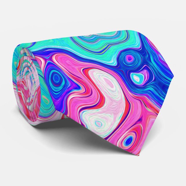 Groovy Aqua Blue and Pink Abstract Retro Swirl Tie (Rolled)