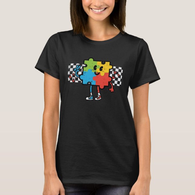 Groovy Autism Awareness Puzzle Retro Men Women Kid T-Shirt (Front)