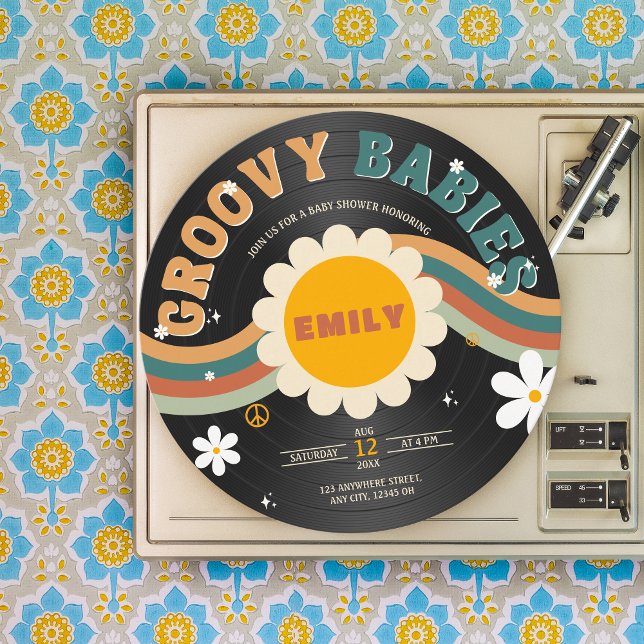 Groovy Babies Retro Vinyl Record Twins Baby Shower Invitation (Groovy Babies Twins Baby Shower Retro )