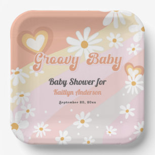 Groovy Baby 70s Daisy Flowers Heart Pastel Rainbow Paper Plate