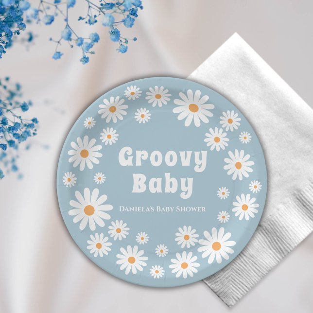 Groovy Baby Boy Daisy 70s Retro Baby Shower Paper Plate (groovy baby shower paper plates flower power daisies blue retro)