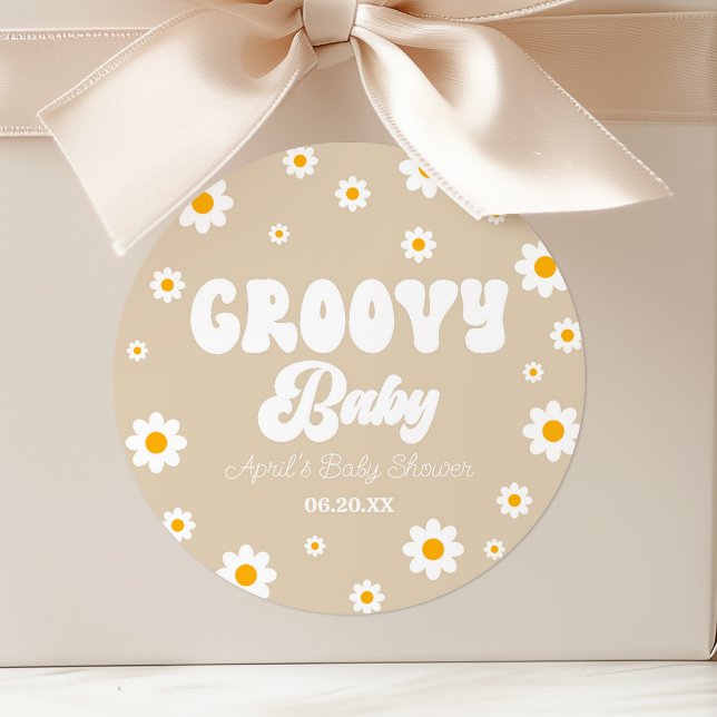 Groovy Baby Daisy Flower Floral Tan Baby Shower Classic Round Sticker (Creator Uploaded)