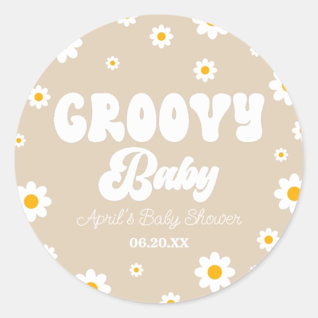 Groovy Baby Daisy Flower Floral Tan Baby Shower Classic Round Sticker (Front)
