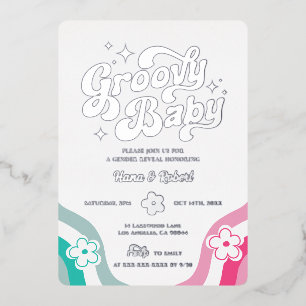 Groovy Baby Gender Reveal Foil Invitation