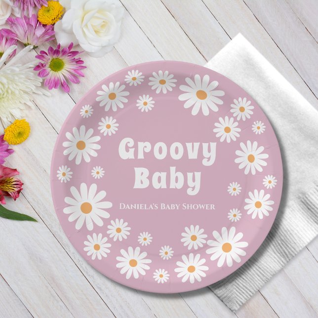 Groovy Baby Girl Pink Daisy 70s Retro Baby Shower Paper Plate (groovy baby girl shower paper plates pink daisy wreath daisies flower power)