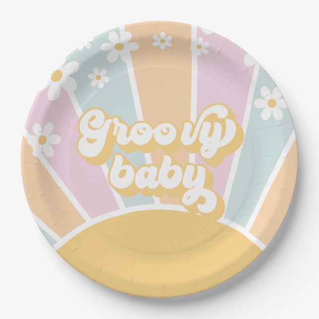 Groovy Baby pastel Retro Sunshine baby shower Paper Plate (Front)