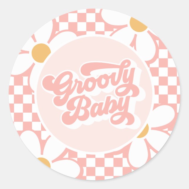 Groovy Baby Pink Check Daisy Classic Round Sticker (Front)