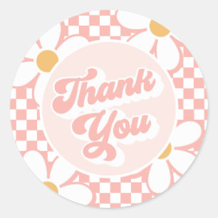 Groovy Baby Pink Check Daisy thank you Classic Round Sticker