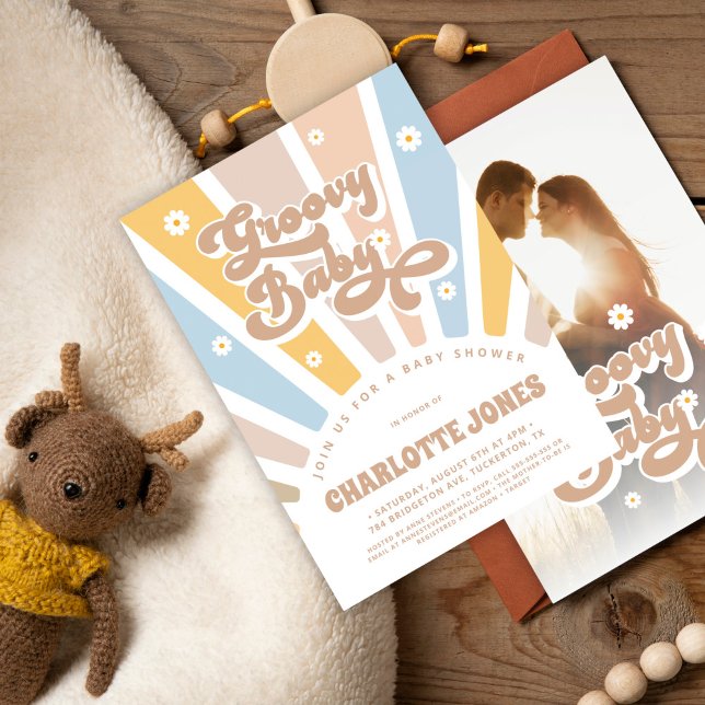 Groovy Baby Pink Retro Daisies Photo Baby Shower Invitation (Creator Uploaded)