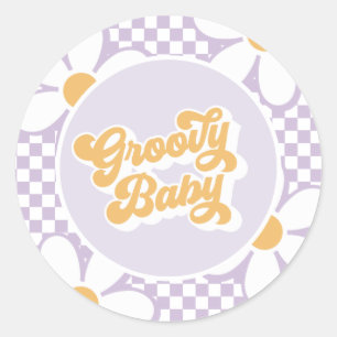 Groovy Baby Purple Daisy Chequered Classic Round Sticker