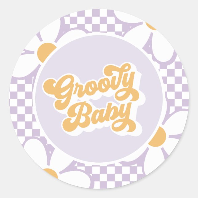 Groovy Baby Purple Daisy Chequered Classic Round Sticker (Front)
