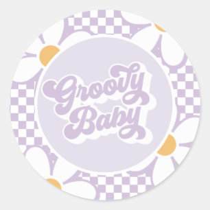 Groovy Baby Purple Daisy Chequered Classic Round Sticker