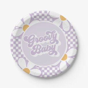 Groovy Baby Purple Daisy Chequered Paper Plate