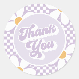 Groovy Baby Purple Daisy Chequered Thank You Classic Round Sticker