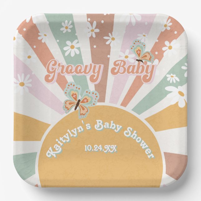 Groovy Baby Retro 70s Hippie Sunshine Daisies Paper Plate (Front)