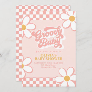 Groovy Baby Retro Check Pink Daisy Invitation
