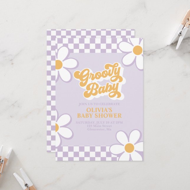 Groovy Baby Retro Check Purple Daisy Invitation (Front/Back In Situ)