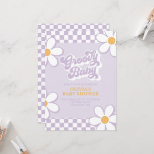 Groovy Baby Retro Check Purple Daisy Invitation