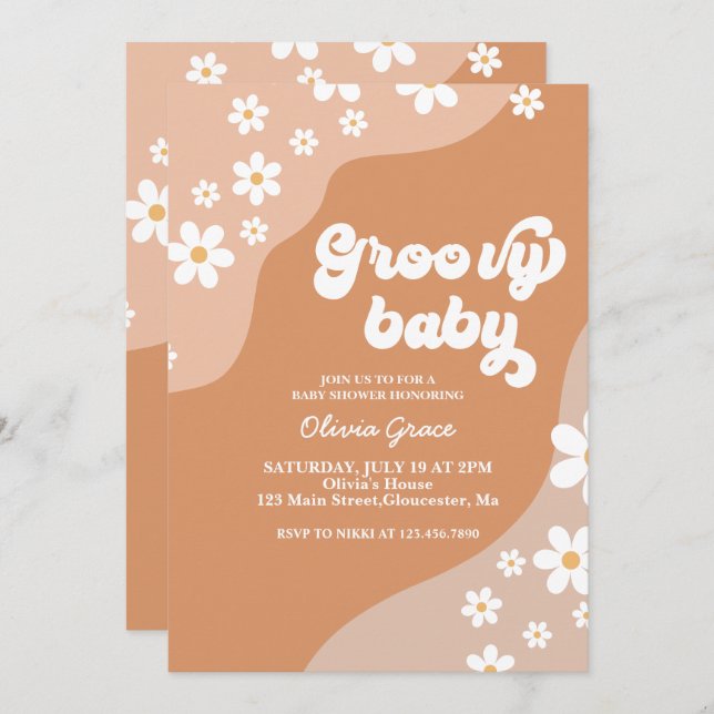 Groovy Baby Retro Daisy brown baby shower Invitation (Front/Back)