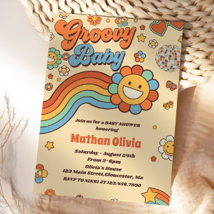 Groovy Baby Retro Rainbow Baby Shower Party Invitation