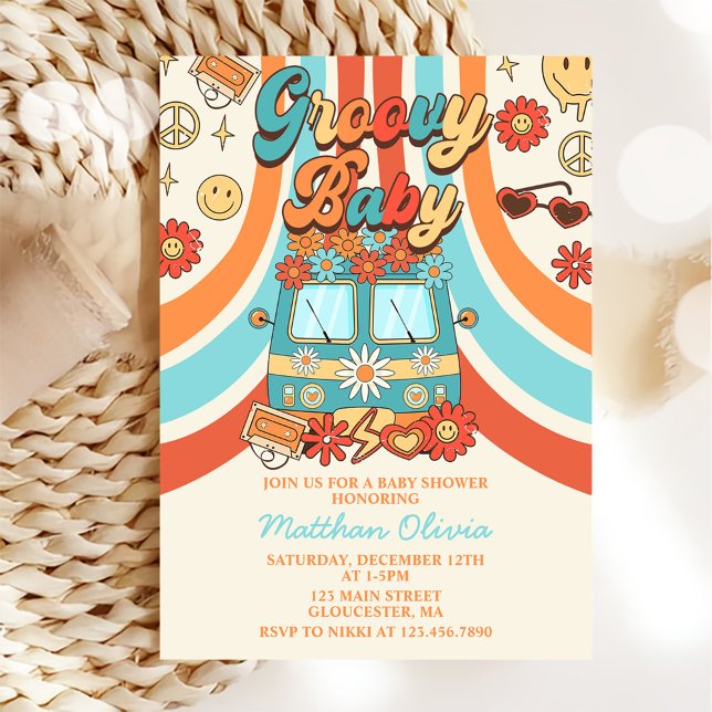 Groovy Baby Retro Rainbow Baby Shower Party Invitation (Creator Uploaded)