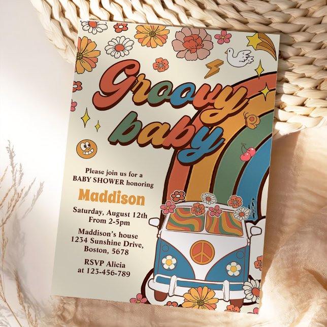 Groovy Baby Retro Rainbow Baby Shower Party Invitation (Creator Uploaded)