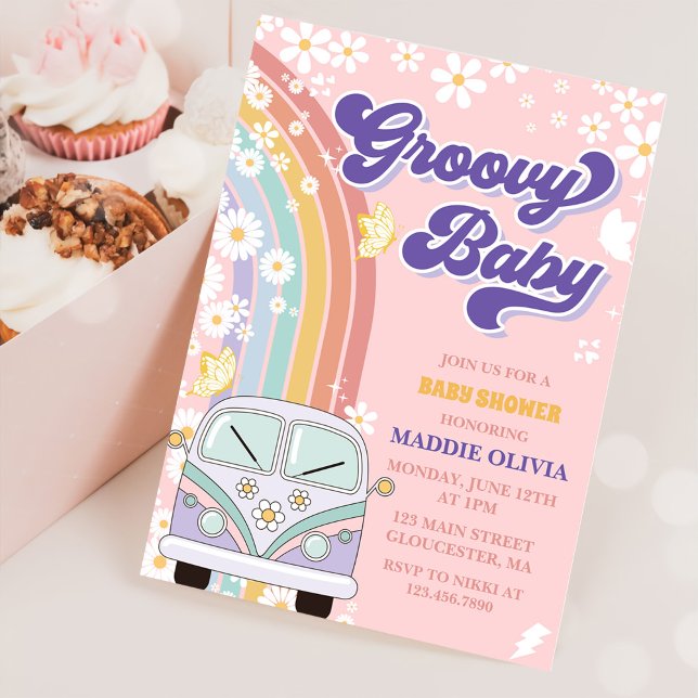 Groovy Baby Retro Rainbow Baby Shower Party Invitation (Creator Uploaded)