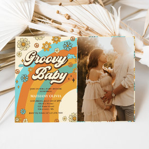 Groovy Baby Retro Rainbow Baby Shower Party Photo Invitation
